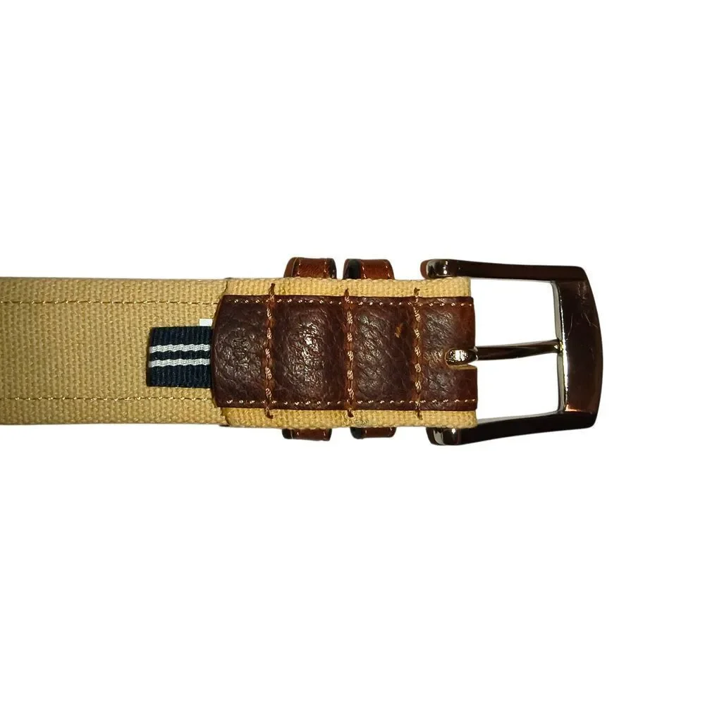Nautica leather canvas webbing belt J-class sailboat logo brown pebbled leather